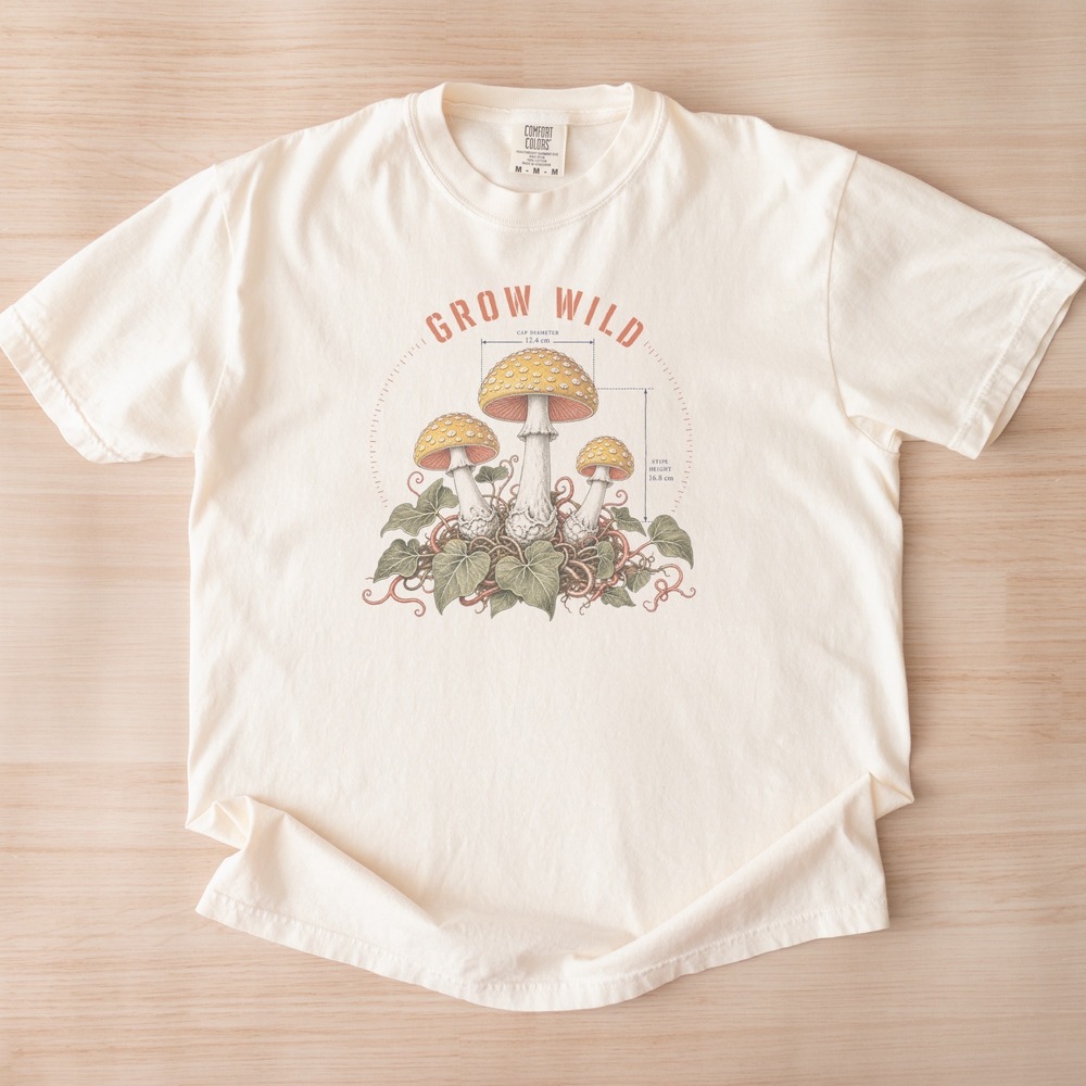 Grow Wild Speckled Mushrooms Annotated Diagram Tee